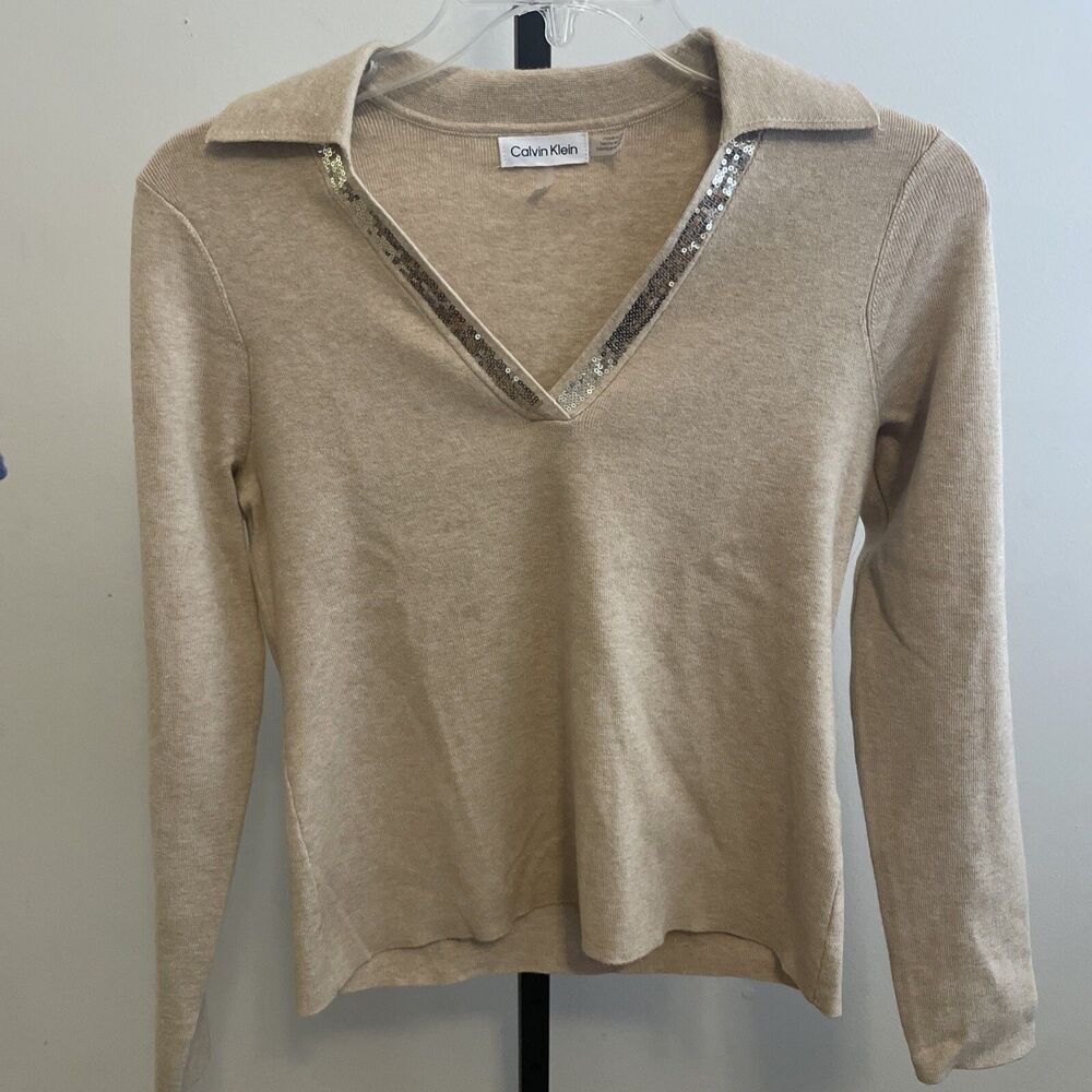 Calvin Klein Womens V Neck Sweater Sequin Trim Beige Small CH P